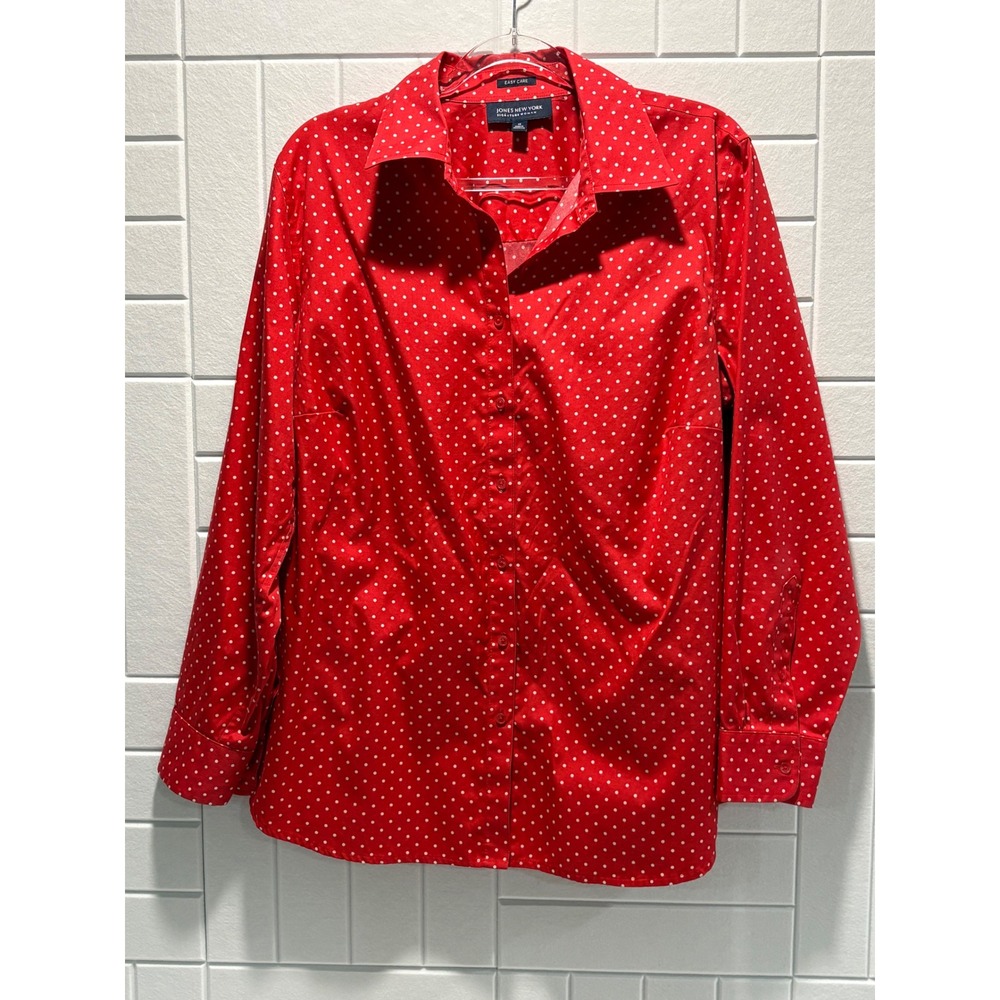 Jones New York Easy Care Cotton Woman‎ 1X Red White Polka Dot Button Down Shirt